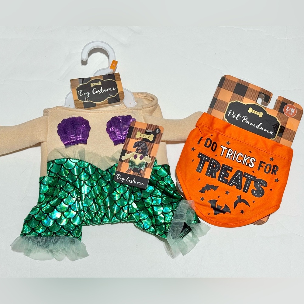 Woof Dog costume Little Mermaid and Halloween bandana both in size small
